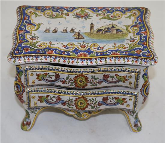 A French faience model of a two drawer commode, late 19th century, width 20.5cm (8in.)